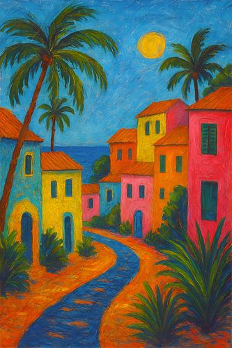 Caribisch dorp schilderij.