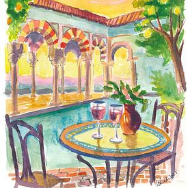 Romantic Andalusian patio at sunset with pool and table for two by Markus Bleichner