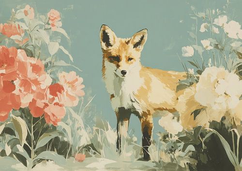 Elegante vos in pastelkleurige bloemen