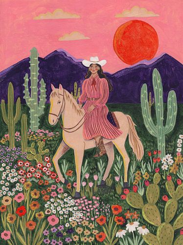 Cowgirl zu Pferd zwischen Blumen und Kakteen bei Sonnenuntergang von Caroline Bonne Müller