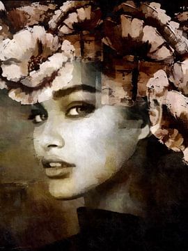 Romantiek | Een portret van een vrouw omringd door roze bloemen. van Wil Vervenne