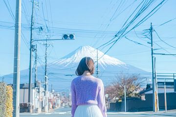 Vrouw voor de berg Fuji - Japans van Poster Art Shop