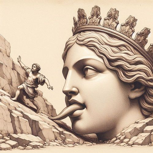 Reine de pierre sticks out her tongue, a little man runs away