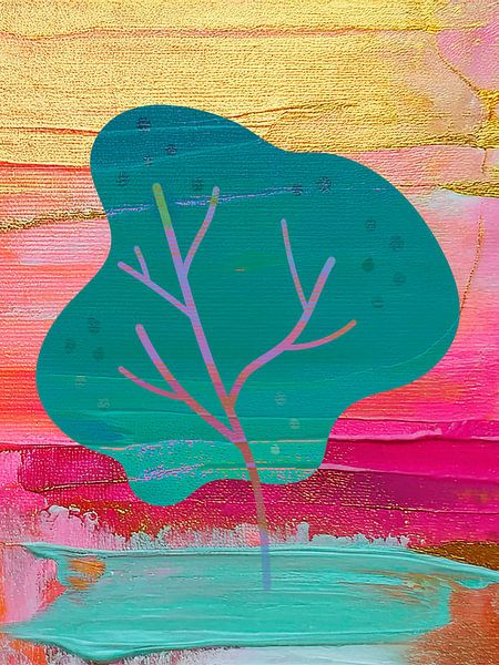 Modern Abstract: Mixed media in roze, groen en goud van Studio Pieternel