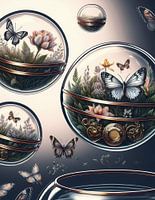 Steampunk glazen bollen met natuur taferelen