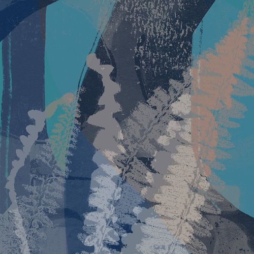 Grijze varens op blauw en taupe. Abstract botanisch.