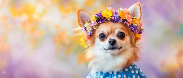 Chihuahua with flower wreath - Colourful and cheerful by Poster Art Shop