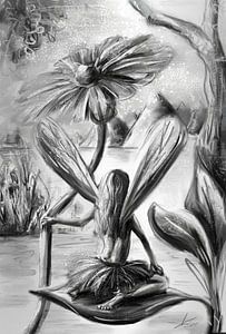 Fantasie-Illustration - Elf auf einem Blatt - in Grau und Gold
