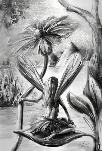 Fantasie illustratie - Elfje op een blad - in grijs tint