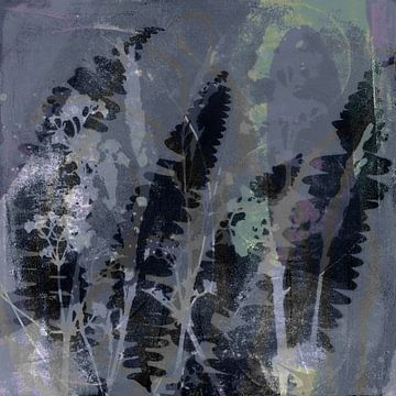 Abstract Retro Botanical. Ferns and flowers in purple, black, green by Dina Dankers