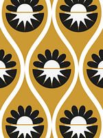 Retro 70s illustration black and white flowers ochre yellow