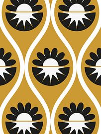 Retro 70er Jahre Illustration schwarz und weiß Blumen ockergelb von Amber