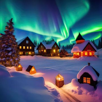 Snowy landscape with beautiful Northern Lights (a.i. art)