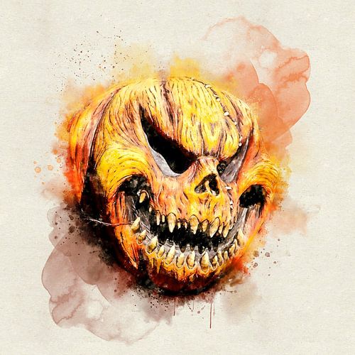 Horror Halloween Mask - Carved Pumpkin Watercolor Painting