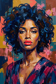 Levendig expressionistisch portret van een vrouw met krullend haar van Zala Creative