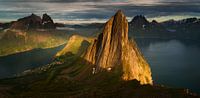 Panorama of Segla summit and Fjordgard village in sunset, Senja, Norway von Wojciech Kruczynski Miniaturansicht