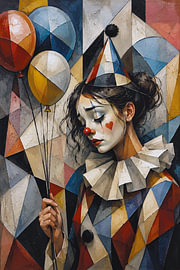 Een kubistisch schilderij waarop een vrouwelijke clown met ballonnen is afgebeeld. van Galerij Hoppenbrouwers