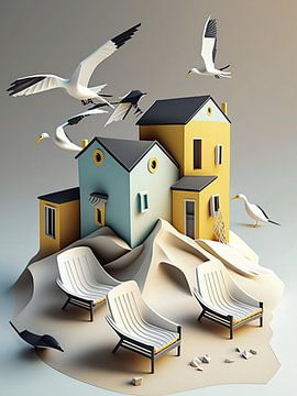 kustlandschap strandhuisjes vogels surrealistisch papier maritiem van gm_designs
