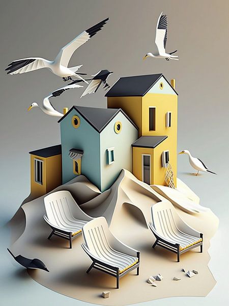 Paysage côtier Maisons de plage Oiseaux surréaliste Papier Maritim par gm_designs