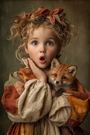 Girl with a Little Fox – A Playful Portrait in Ochre by Peter Pen Drawings and Paintings