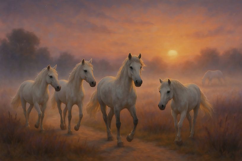 Witte Paarden in de Ochtendnevel van INGO