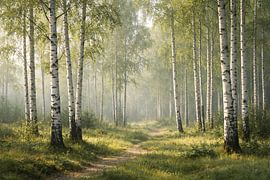 Birkenpfad im Morgenlicht – Birch Trail in Morning Glow von ButterflyPix