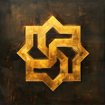 Abstracte Gouden Symbool: Swastika Schilderij van Surreal Media