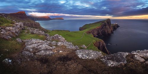 Neist Point lighthouse panorama in the evening