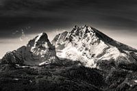 Black and white image of mountain Watzmann with dramatic clouds in the morning. Berchtesgaden, Bavar