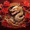 Représentation en 3D du dragon chinois dans un arc d'or sur Margriet Hulsker