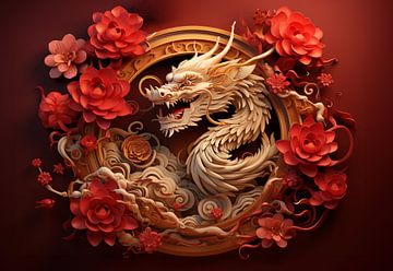 3d weergave van de Chinese draak in een gouden boog van Margriet Hulsker