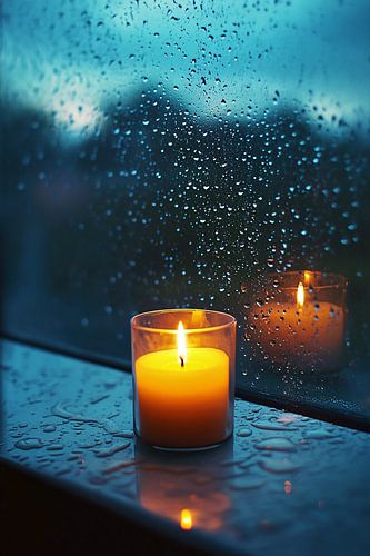 Kaars in regenachtig raam