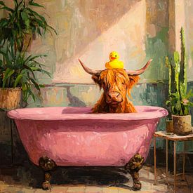 Schotse hooglander in roze vintage badkuip met badeend in zonovergoten interieur van But First Framing