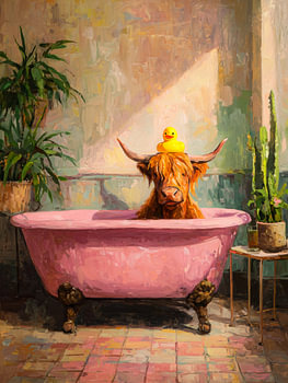 Schotse hooglander in roze vintage badkuip met badeend in zonovergoten interieur