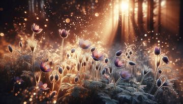 Morning magic in a glowing forest of flowers by artefacti