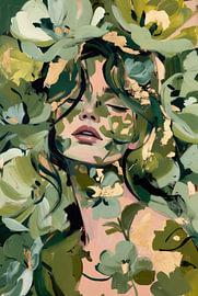 Portrait de femme | Feuilles | Tons verts | Rêveur