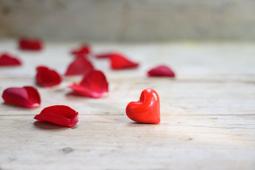 rood hart gemaakt van glas en rozenblaadjes op een rustieke grijze houten achtergrond, liefdesconcep van Maren Winter