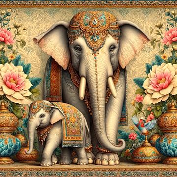 India art, elephant with calf by Wilfried van Dokkumburg