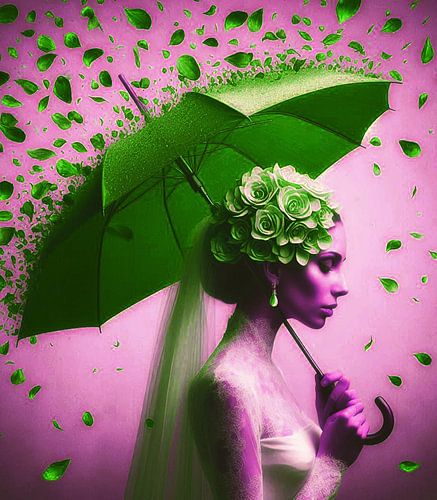 Mariée d'été avec hortensias et voile de mariée vert .