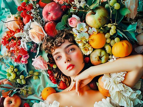 Une femme entourée de fruits et de fleurs