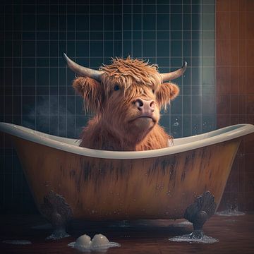 Schotse hooglander in badkuip van Harvey Hicks