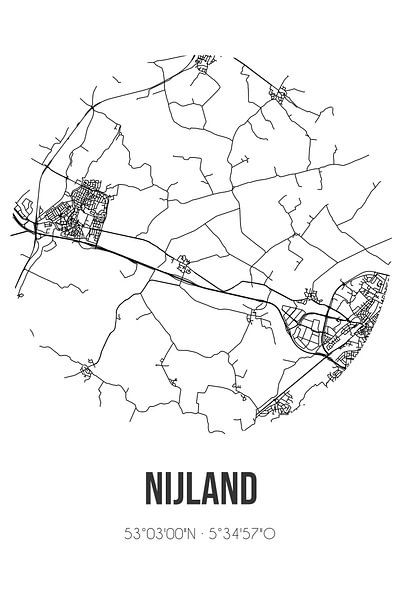 Nijland (Fryslan) | Karte | Schwarz und weiß von Ortsdrucke