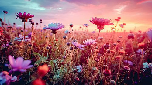 Flower field sunset in summer