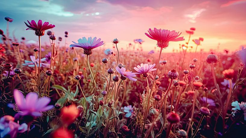 Blumenfeld Sonnenuntergang im Sommer von Vlindertuin-Art