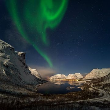 Aurora over Bergsbotn fjord among snowy mountains, Senja, Norway by Wojciech Kruczynski