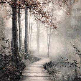 Houten Wandelpad in de Mist - Sepia Mysterieus Fotografie van BowiScapes abstract en digitale kunst