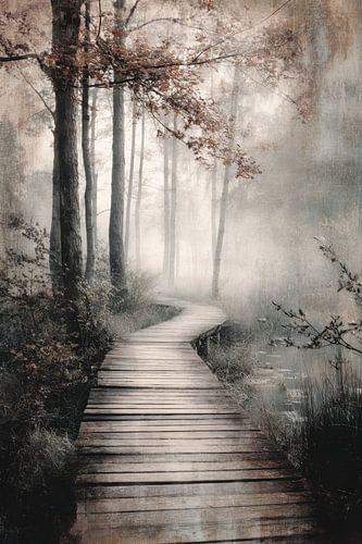 Houten Wandelpad in de Mist - Sepia Mysterieus Fotografie