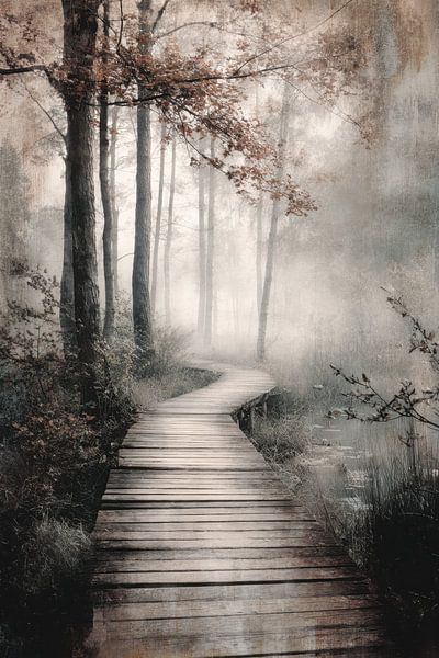 Holzsteg im Nebel - Sepia Mysteriöse Fotografie von BowiScapes Abstrakt und digitale Kunst