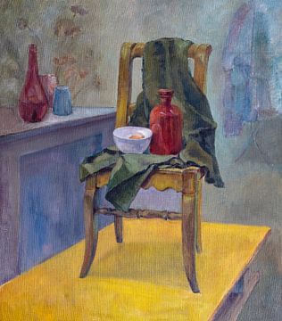Still life with chair, cloth, bottle and bowl in the artist's studio. by Galerie Ringoot