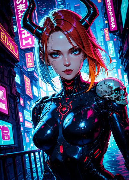 Cyborg Demon Anime Meisje Cyberpunk Stijl van Ruzerin